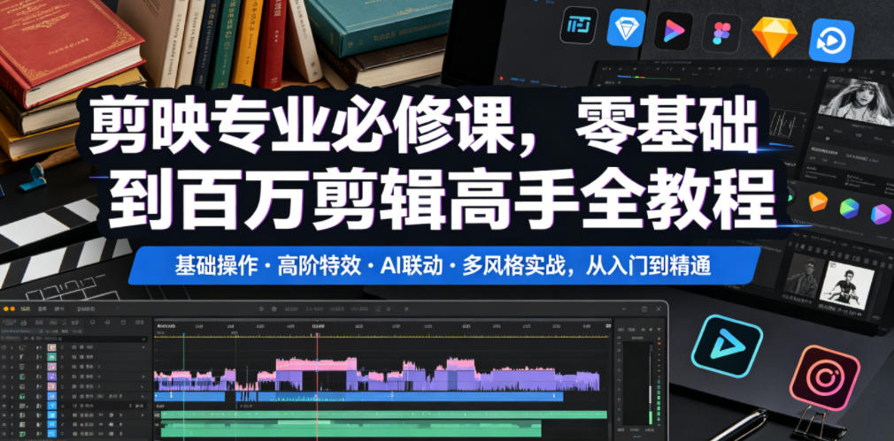 剪映专业必修课，零基础到百万剪辑高手全教程，基础操作・高阶特效・AI联动・多风格实战，从入门到精通-179创客网