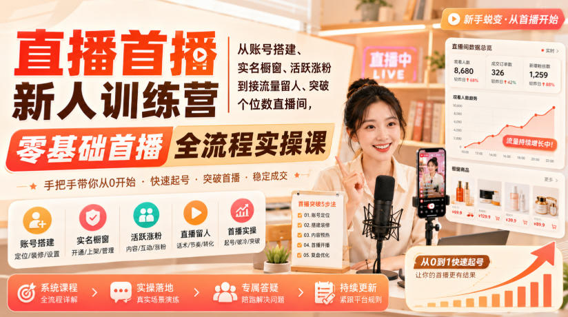 直播首播新人训练营｜从账号搭建、实名橱窗、活跃涨粉到接流量留人、突破个位数直播间，零基础首播全流程实操课-179创客网