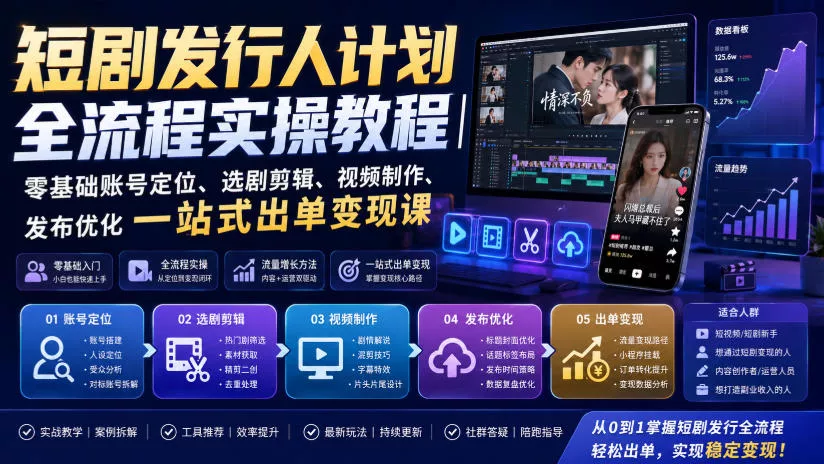 短剧发行人计划全流程实操教程｜零基础账号定位、选剧剪辑、视频制作、发布优化一站式出单变现课-179创客网