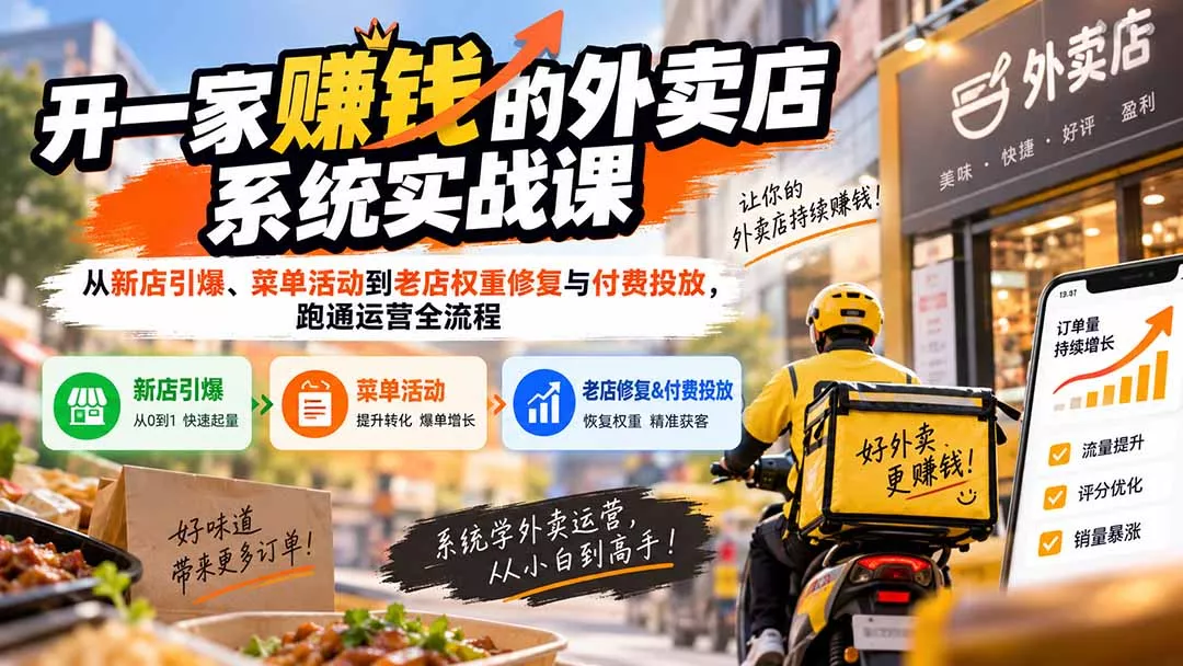 开一家赚钱的外卖店系统实战课：从新店引爆、菜单活动到老店权重修复与付费投放，跑通运营全流程-179创客网