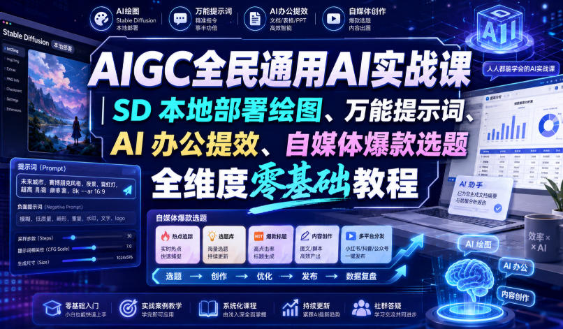 AIGC全民通用AI实战课｜SD本地部署绘图、万能提示词、AI办公提效、自媒体爆款选题全维度零基础教程-179创客网