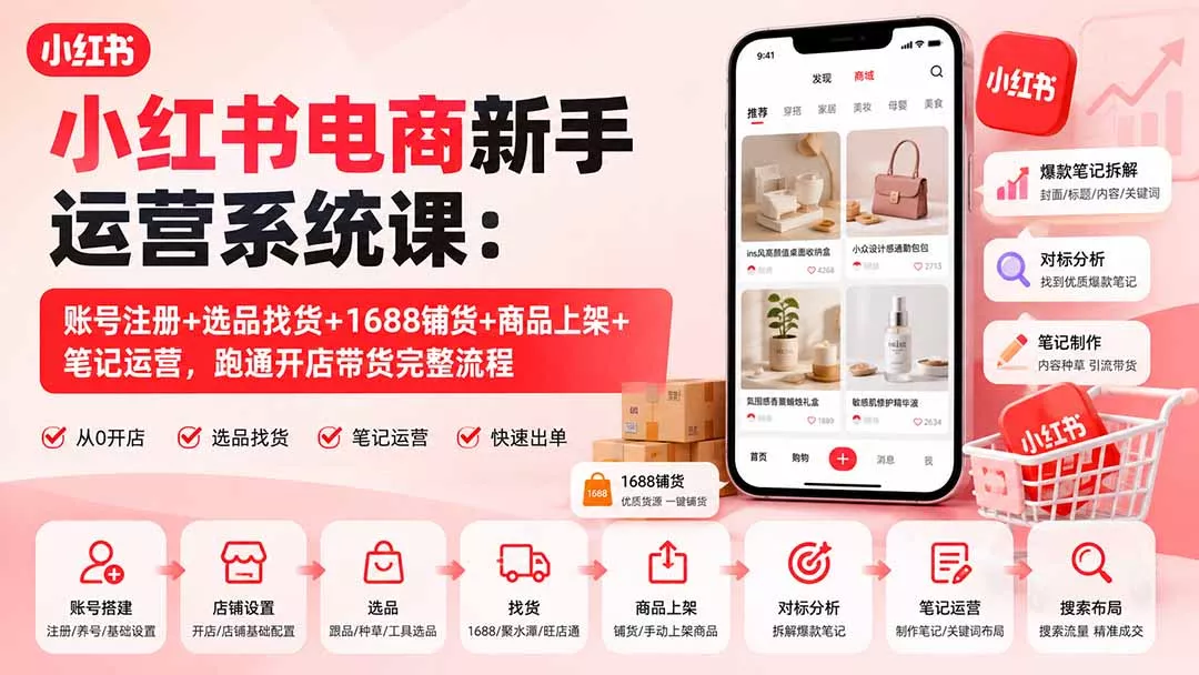小红书电商新手运营系统课：账号注册+选品找货+1688铺货+商品上架+笔记运营，跑通开店带货完整流程-179创客网