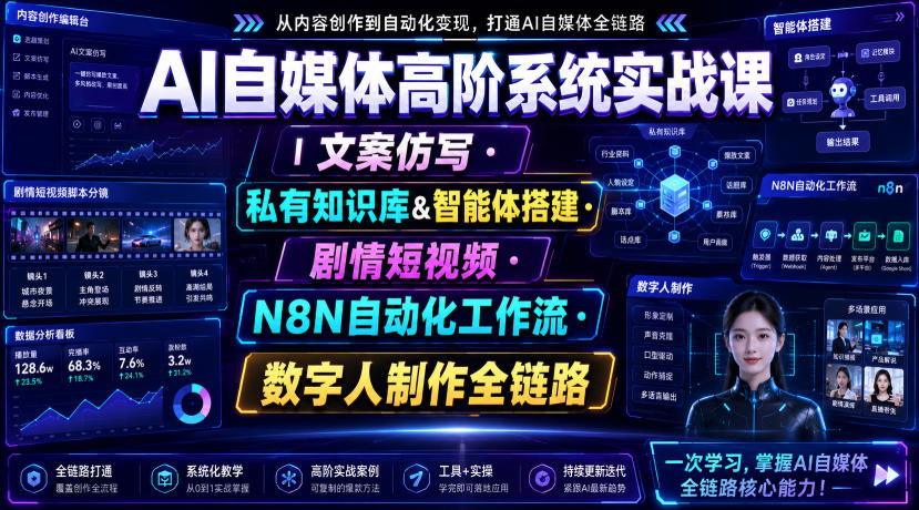 AI自媒体高阶系统实战课｜文案仿写・私有知识库&智能体搭建・剧情短视频・N8N自动化工作流・数字人制作全链路-179创客网