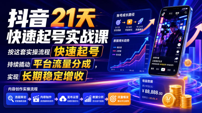 抖音21天快速起号实战课，按这套实操流程快速起号，持续撬动平台流量分成，实现长期稳定增收-179创客网