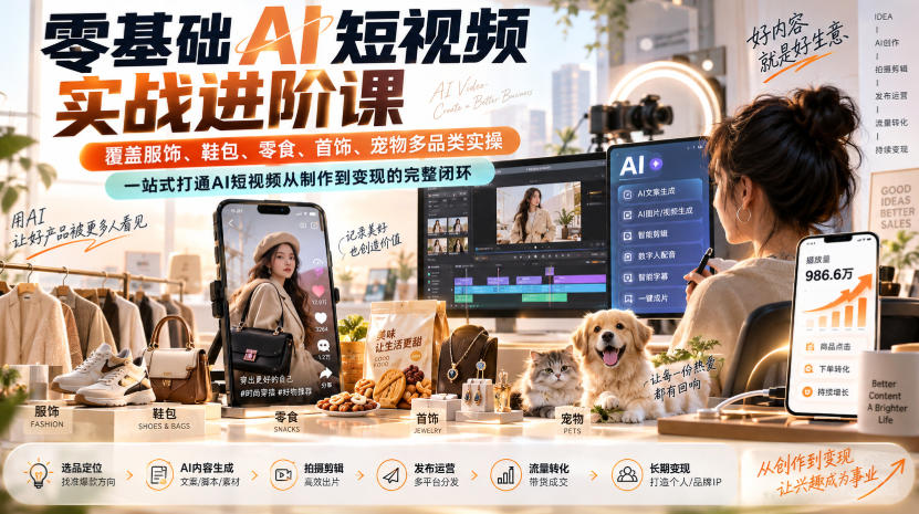零基础AI短视频实战进阶课，覆盖服饰、鞋包、零食、首饰、宠物多品类实操，一站式打通AI短视频从制作到变现的完整闭环-179创客网