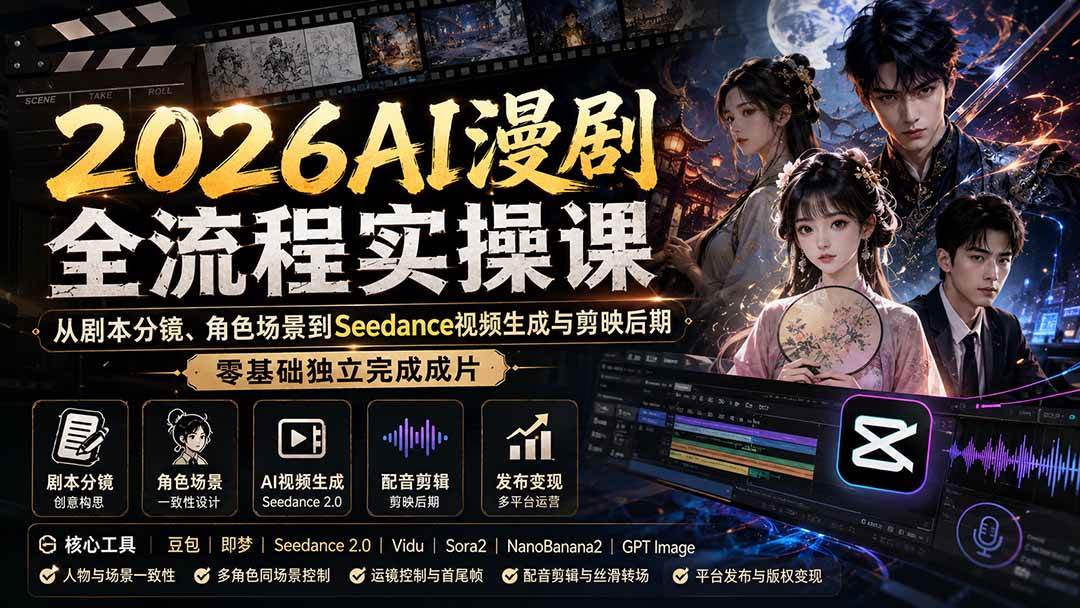（20042期）2026AI漫剧全流程实操课：从剧本分镜、角色场景到Seedance视频生成与剪映后期，零基础独立完成成片-179创客网
