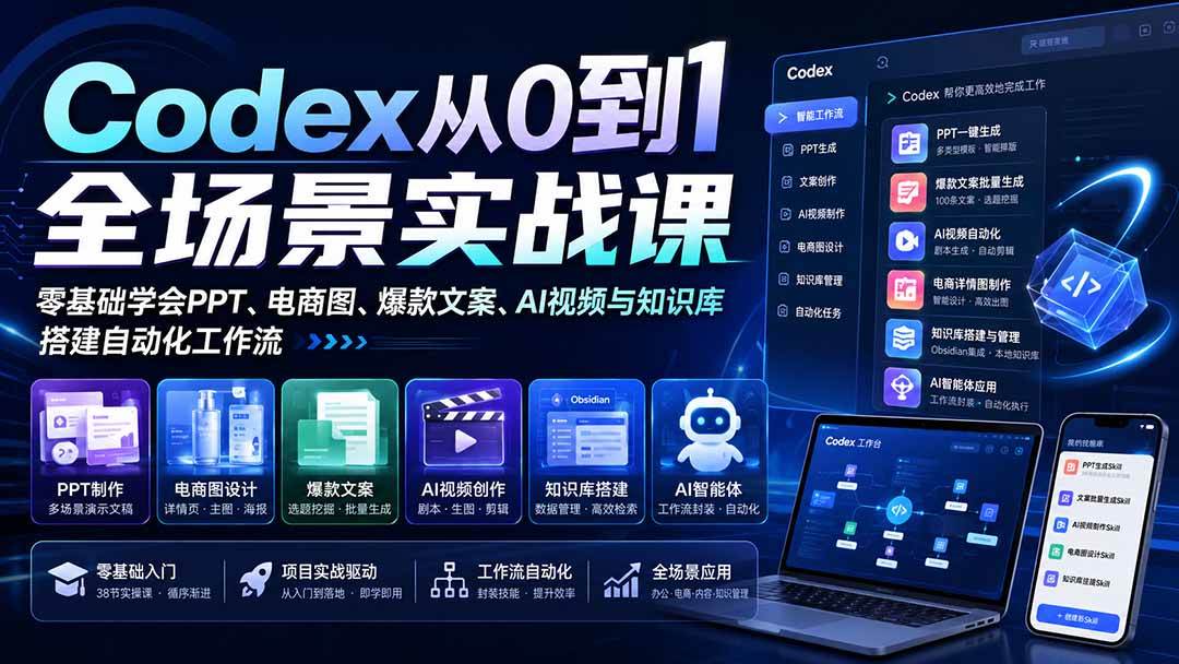 （20041期）Codex从0到1全场景实战课：零基础学会PPT、电商图、爆款文案、AI视频与知识库，搭建自动化工作流-179创客网