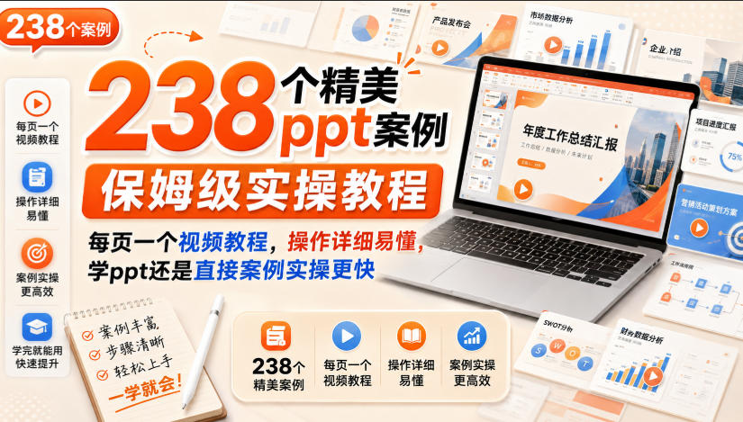 238个精美ppt案例保姆级实操教程，每页一个视频教程，操作详细易懂，学ppt还是直接案例实操更快-179创客网