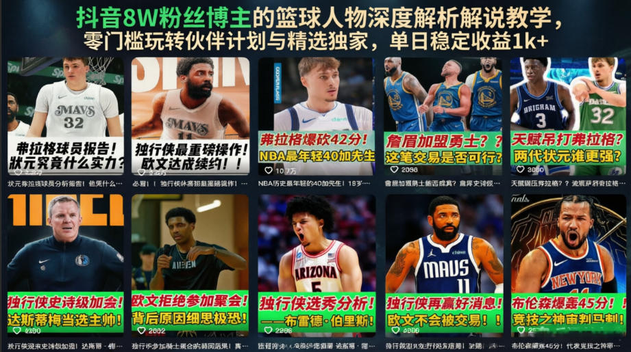 抖音8W粉丝博主的篮球人物深度解析解说教学，零门槛玩转伙伴计划与精选独家，单日稳定收益1k+-179创客网