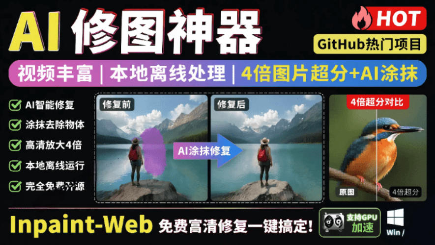 本地离线处理，4倍图片超分+AI涂抹去水印！Github上热门神器，免费高清修复图一键搞定！Inpaint-Web-179创客网