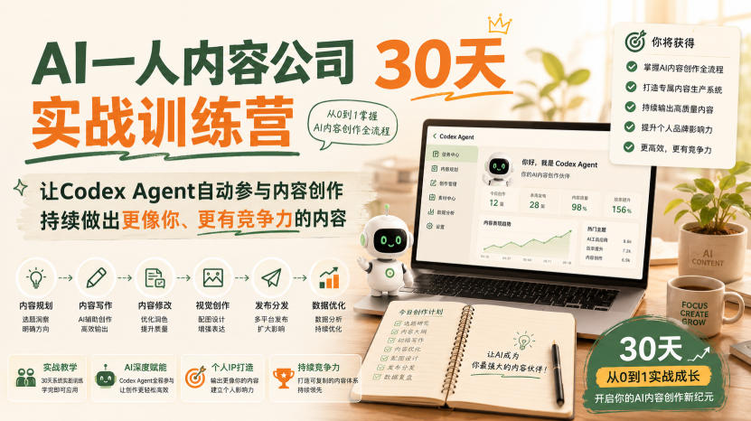AI一人内容公司30天实战训练营，让Codex Agent自动参与内容创作持续做出更像你、更有竞争力的内容-179创客网
