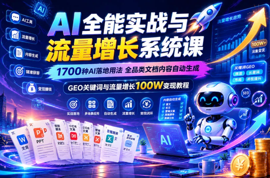 AI全能实战与流量增长系统课，1700种AI落地用法，全品类文档内容自动生成，GEO关键词与流量增长100W变现教程-179创客网