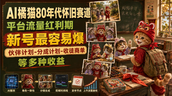 AI橘猫80年代怀旧赛道，平台流量红利期，新号最容易爆，伙伴计划-分成计划-收徒商单等多种收益-179创客网