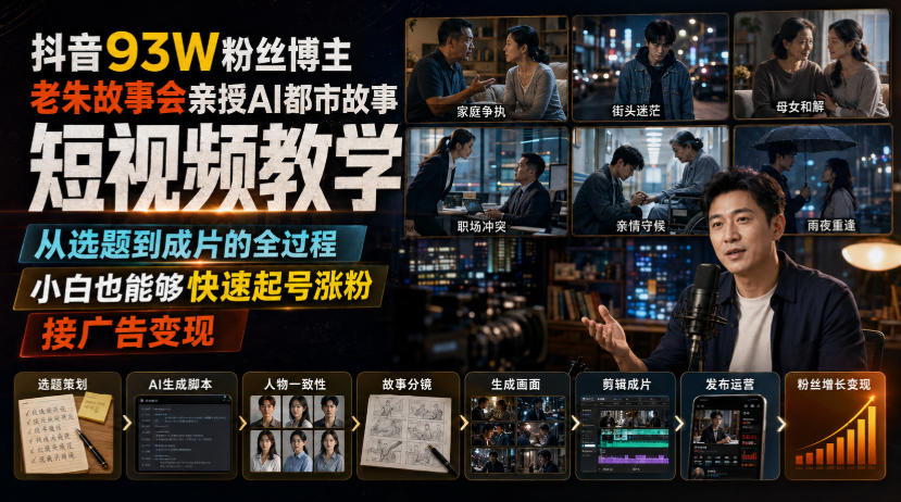 抖音93W粉丝博主老朱故事会亲授AI都市故事短视频教学，从选题到成片的全过程，小白也能够快速起号涨粉接广告变现-179创客网