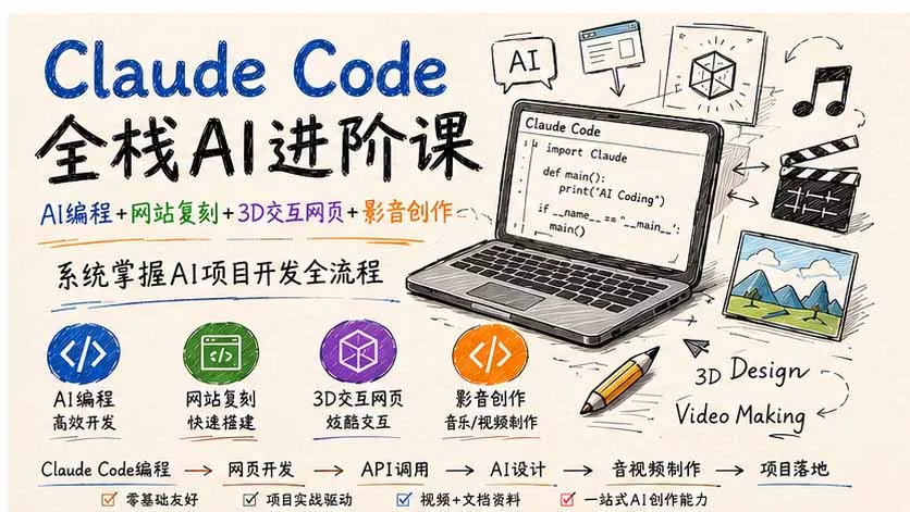 Claude Code全栈AI进阶课；AI编程+网站复刻+3D交互网页+影音创作，系统掌握AI项目开发全流程-179创客网