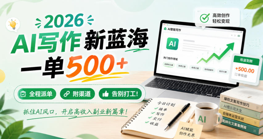 2026 AI写作新蓝海，一单500+，全程派单，附渠道，告别打工！【揭秘】-179创客网
