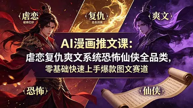 AI漫画推文课：虐恋复仇爽文系统恐怖仙侠全品类，零基础快速上手爆款图文赛道-179创客网