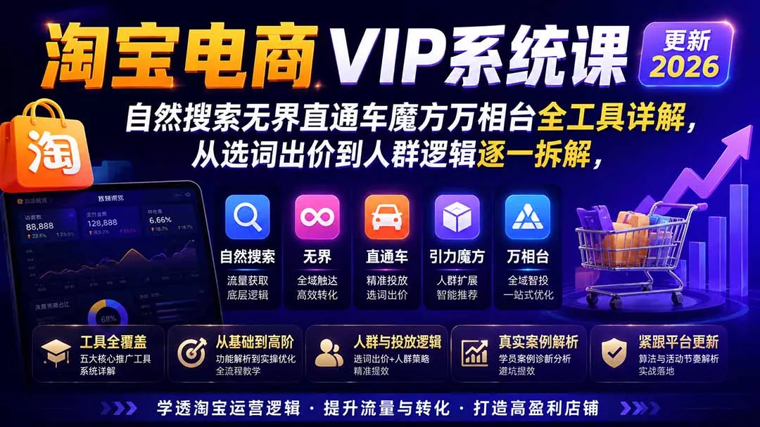 淘宝电商VIP系统课-更新8月；自然搜索无界直通车魔方万相台全工具详解，从选词出价到人群逻辑逐一拆解-179创客网