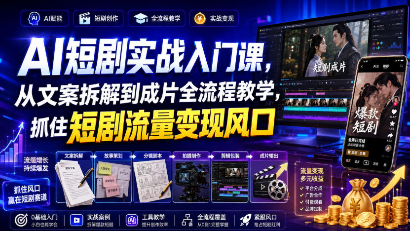 AI短剧实战入门课，从文案拆解到成片全流程教学，抓住短剧流量变现风口-179创客网