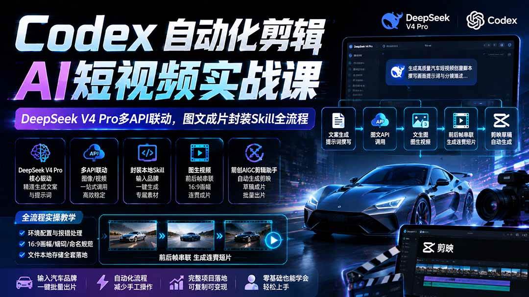 （19711期）Codex自动化剪辑AI短视频实战课｜DeepSeek V4 Pro多API联动，图文成片封装Skill全流程-179创客网