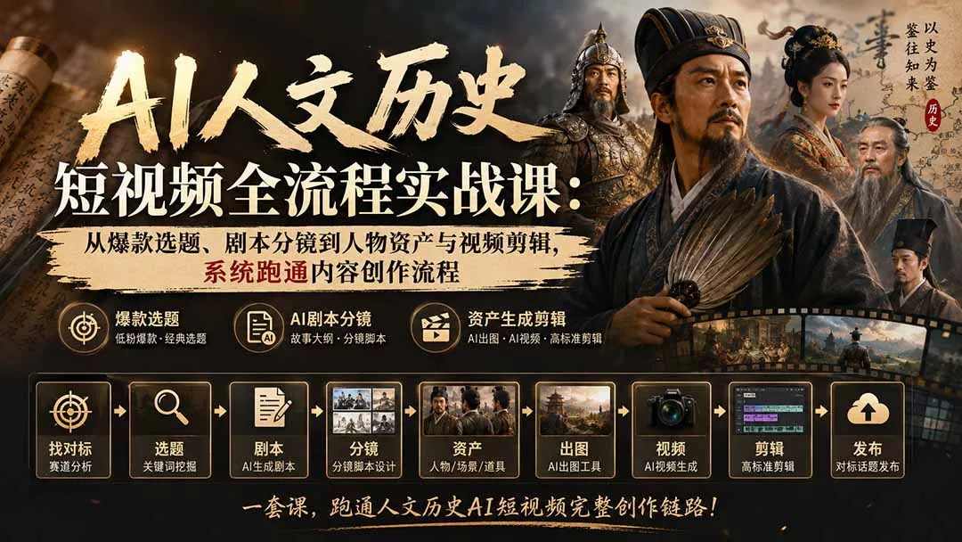AI人文历史短视频全流程实战课：从爆款选题、剧本分镜到人物资产与视频剪辑，系统跑通内容创作流程-179创客网
