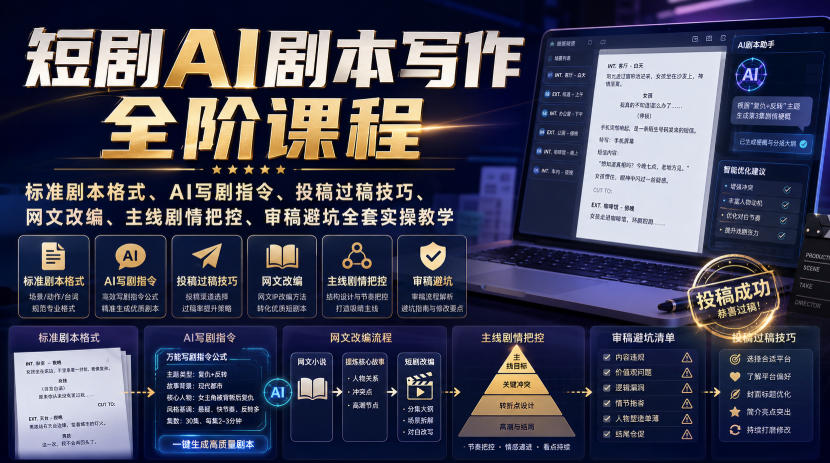 短剧AI剧本写作全阶课程｜标准剧本格式、AI写剧指令、投稿过稿技巧、网文改编、主线剧情把控、审稿避坑全套实操教学-179创客网