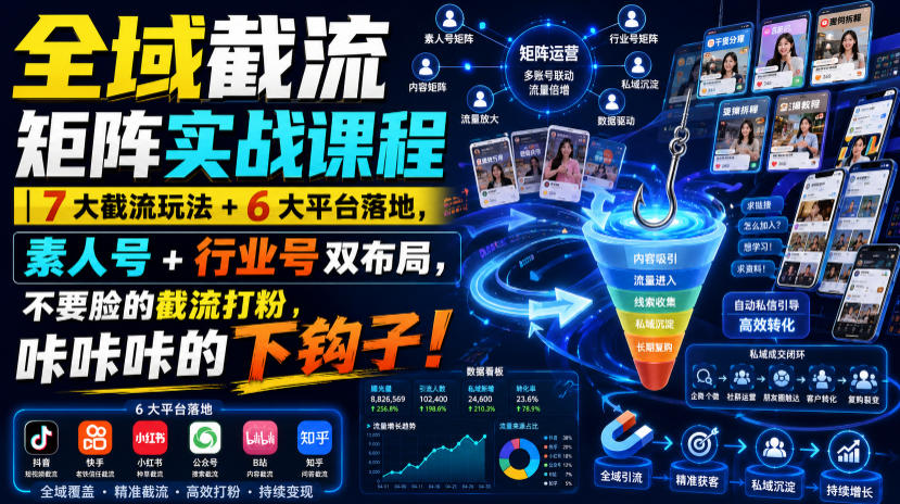 全域截流矩阵实战课程｜7大截流玩法+6大平台落地，素人号+行业号双布局，不要脸的截流打粉，咔咔咔的下钩子！-179创客网