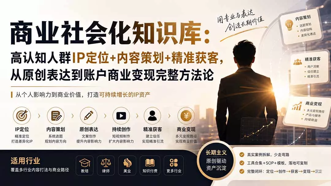 商业社会化知识库：高认知人群IP定位+内容策划+精准获客，从原创表达到账户商业变现完整方法论-179创客网