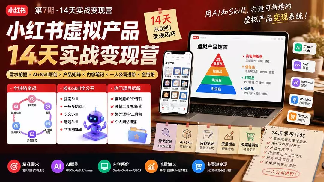 小红书虚拟产品14天实战变现营-第7期：需求挖掘×AI+Skill原创×产品矩阵×内容笔记×一人公司进阶×全链路-179创客网
