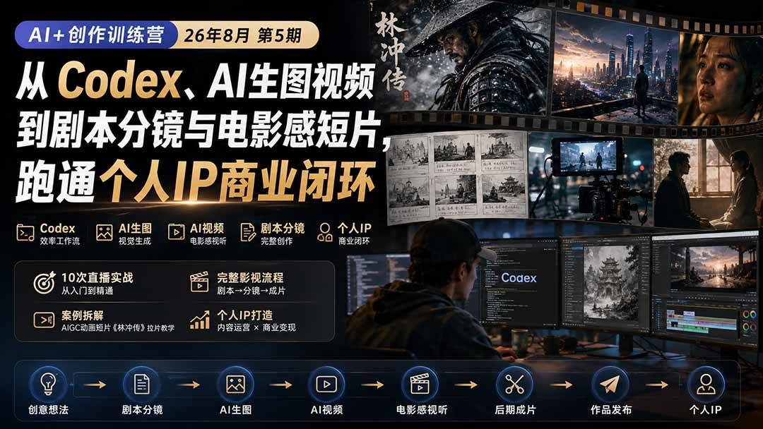 （20145期）AI+创作训练营26年8月第5期：从Codex、AI生图视频到剧本分镜与电影感短片，跑通个人IP商业闭环-179创客网