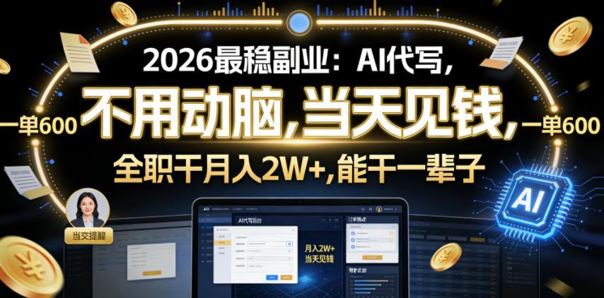 2026最稳副业：AI代写，不用动脑，当天见钱，一单600，全职干月入2W+，能干一辈子【揭秘】-179创客网
