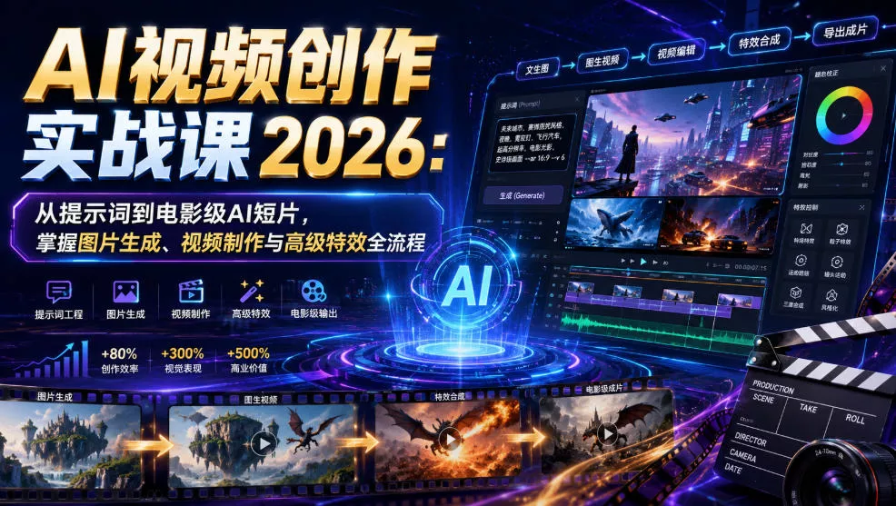 AI视频创作实战课2026：从提示词到电影级AI短片，掌握图片生成、视频制作与高级特效全流程-179创客网
