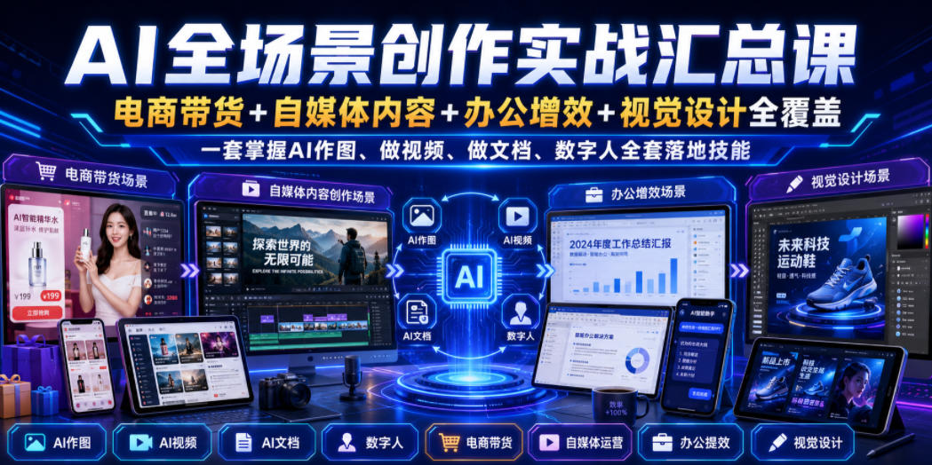 AI全场景创作实战汇总课｜电商带货+自媒体内容+办公增效+视觉设计全覆盖，一套掌握AI作图、做视频、做文档、数字人全套落地技能-179创客网