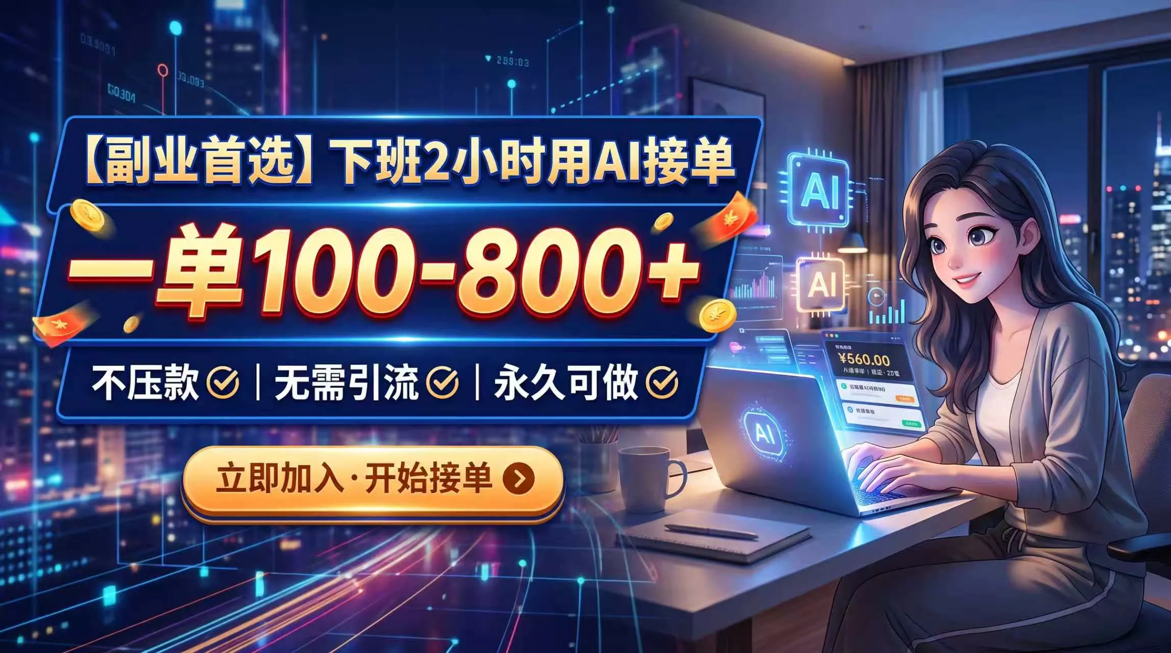 下班2小时用AI接单，一单100-800+，不压款，无需引流，永久可做-179创客网