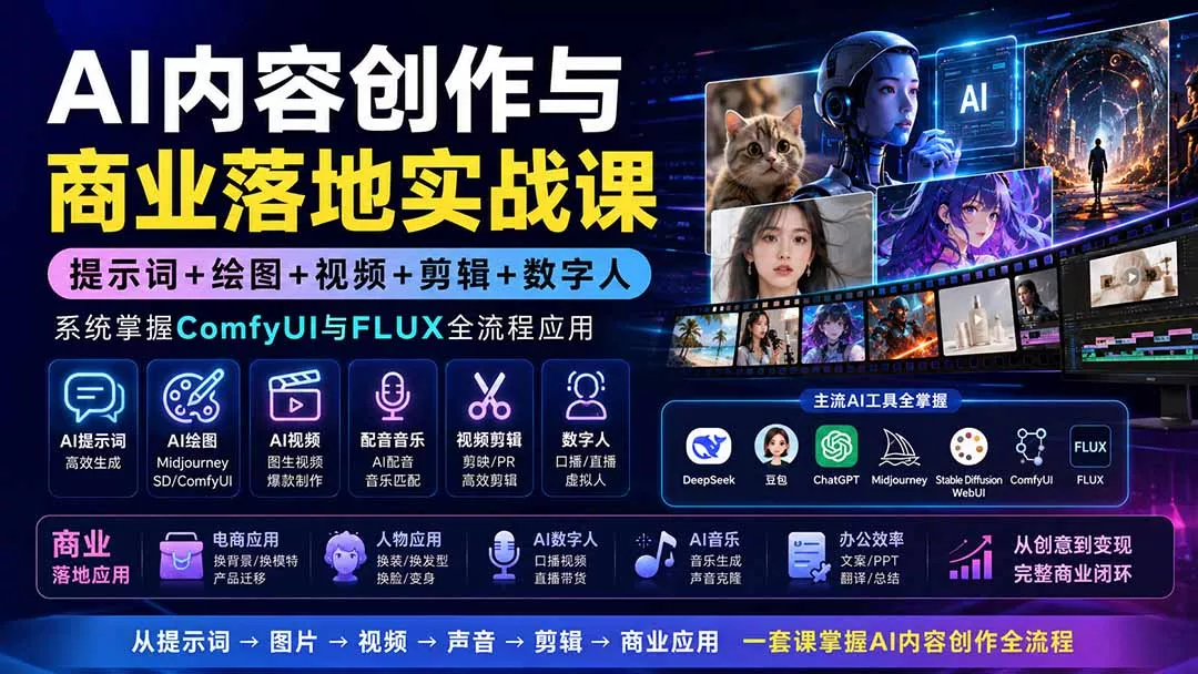AI内容创作与商业落地实战课：提示词+绘图+视频+剪辑+数字人，系统掌握ComfyUI与FLUX全流程应用-179创客网