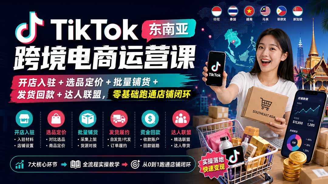 TikTok东南亚跨境电商运营课：开店入驻+选品定价+批量铺货+发货回款+达人联盟，零基础跑通店铺闭环-179创客网