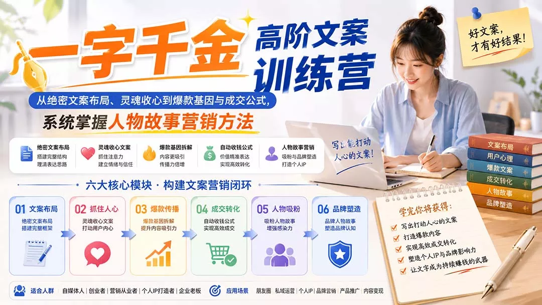一字千金高阶文案训练营：从绝密文案布局、灵魂收心到爆款基因与成交公式，系统掌握人物故事营销方法-179创客网