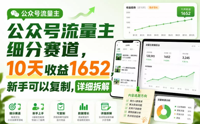 公众号流量主细分赛道，10天收益1652，新手可以复制，详细拆解-179创客网