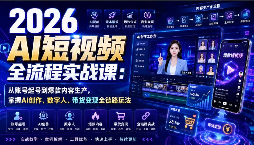 2026 AI短视频全流程实战课：从账号起号到爆款内容生产，掌握AI创作、数字人、带货变现全链路玩法-179创客网