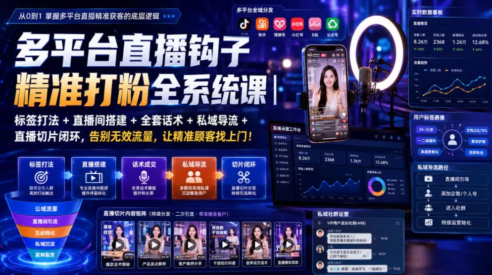 多平台直播钩子精准打粉全系统课｜标签打法+直播间搭建+全套话术+私域导流+直播切片闭环，告别无效流量，让精准顾客找上门！-179创客网