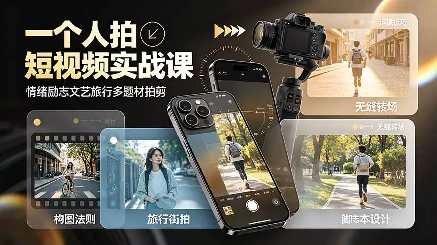 一个人拍短视频实战课：情绪励志文艺旅行多题材×五大景别×黄金构图×八大运镜，从拍摄到成片高效创作-179创客网