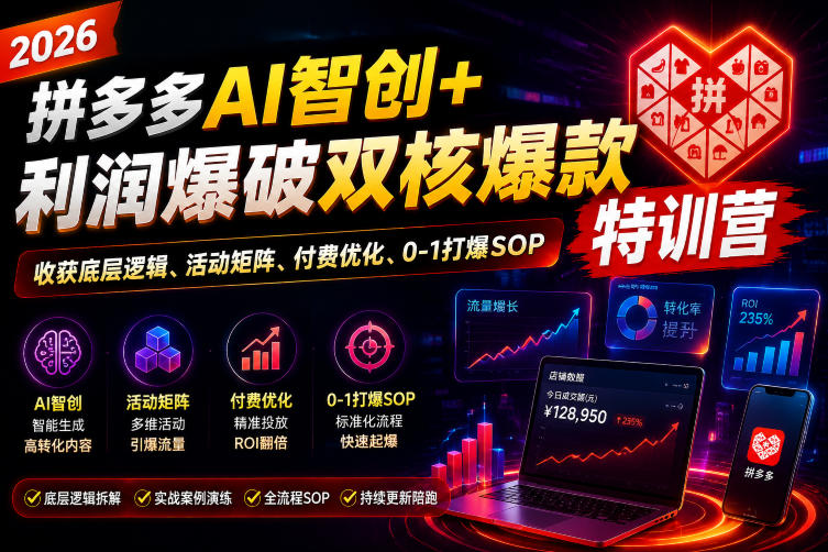 2026拼多多AI智创+利润爆破双核爆款特训营，收获底层逻辑、活动矩阵、付费优化、0-1打爆SOP（更新0810）-179创客网