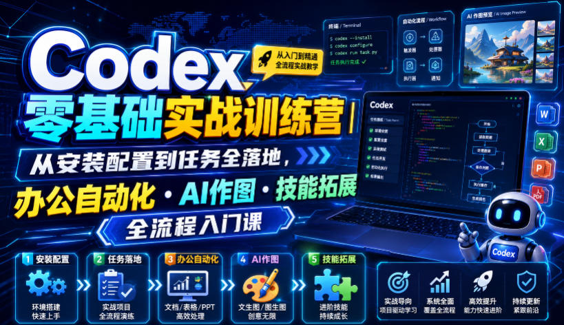 Codex零基础实战训练营｜从安装配置到任务全落地，办公自动化・AI作图・技能拓展全流程入门课-179创客网