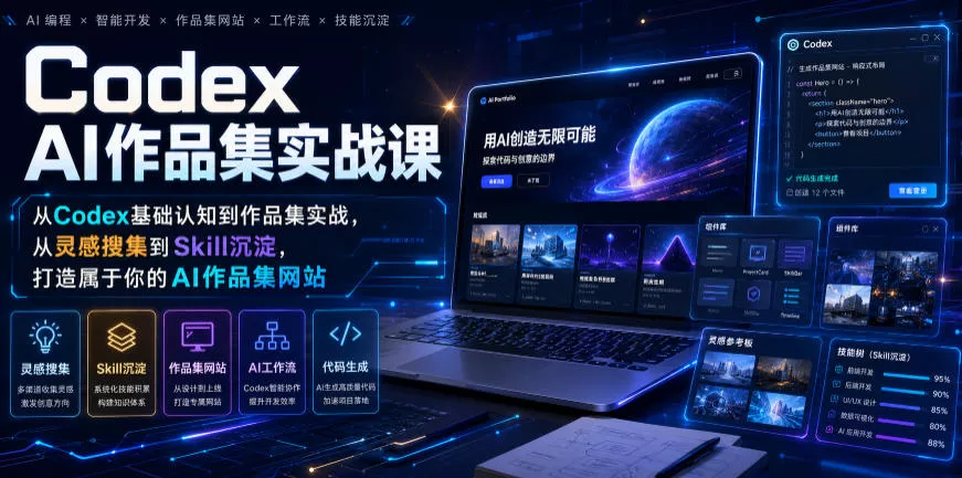 Codex AI作品集实战课，从Codex基础认知到作品集实战，从灵感搜集到Skill沉淀，打造属于你的AI作品集网站-179创客网