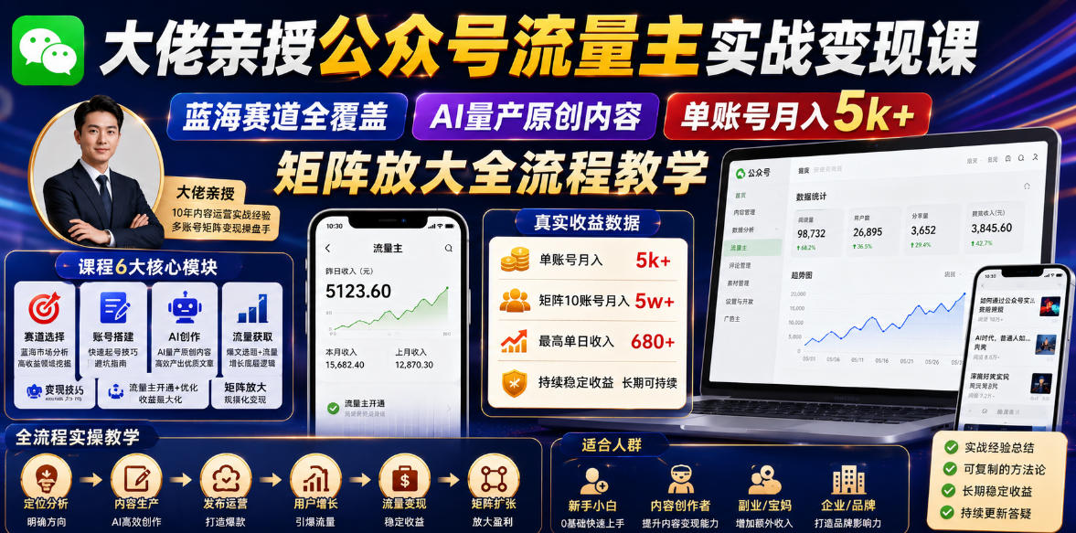 大佬亲授公众号流量主实战变现课，蓝海赛道全覆盖，AI量产原创内容，单账号月入5k+矩阵放大全流程教学-179创客网