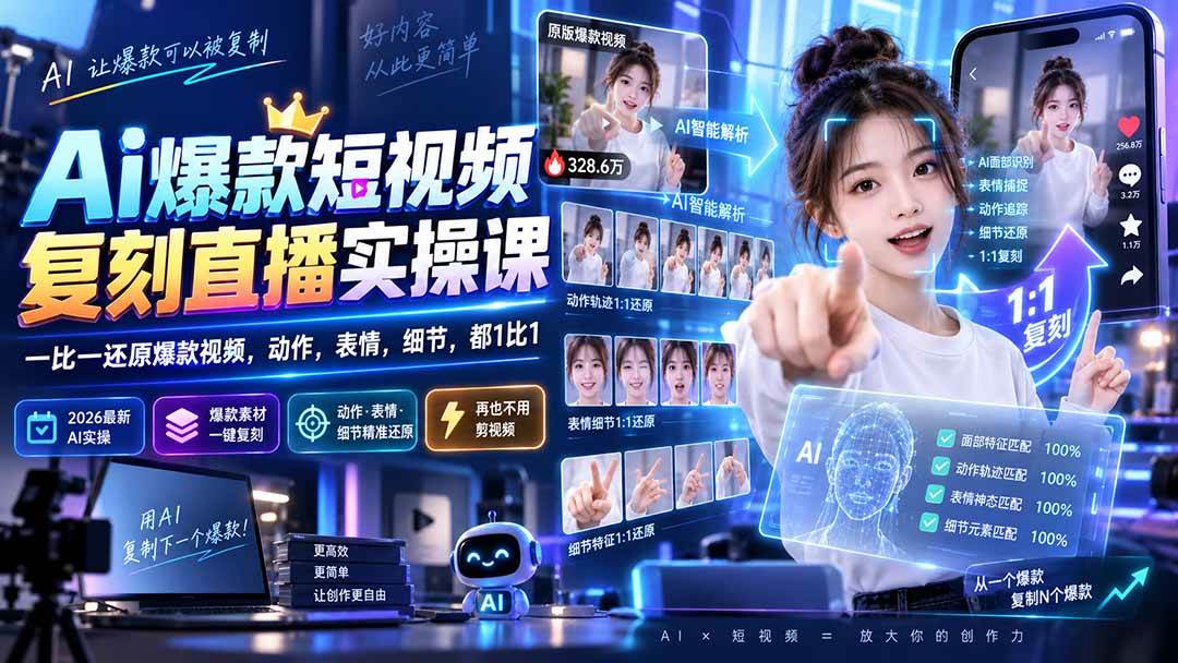 （20304期）最新Ai爆款短视频复刻直播实操课，一比一还原爆款视频，动作，表情，细节，都1比1-179创客网