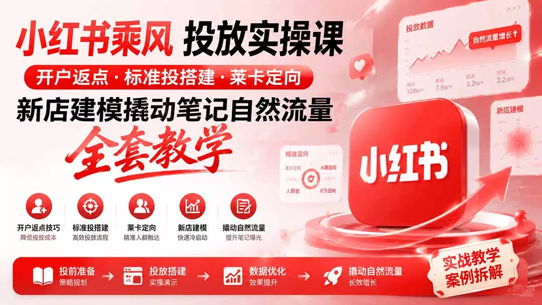 小红书乘风投放-100分钟实操课｜开户返点·标准投搭建·莱卡定向，新店建模撬动笔记自然流量全套教学-179创客网
