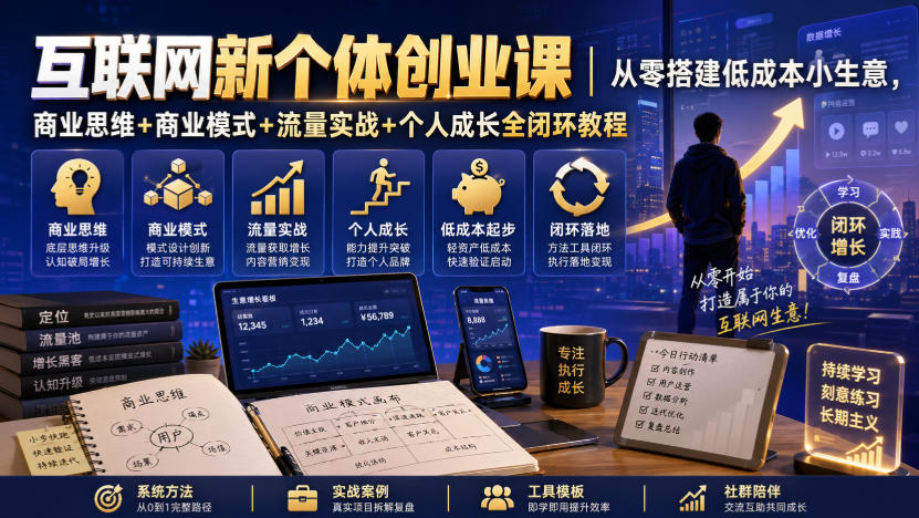 互联网新个体创业课｜从零搭建低成本小生意，商业思维+商业模式+流量实战+个人成长全闭环教程-179创客网