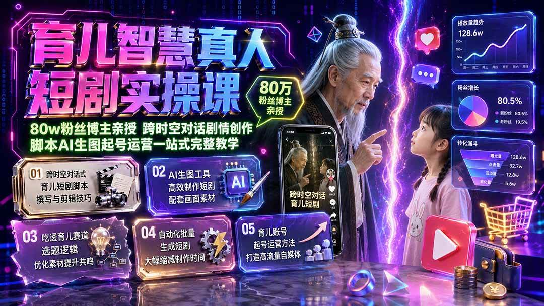 （19663期）育儿智慧真人短剧实操课｜80w粉丝博主亲授，跨时空对话剧情创作，脚本AI生图起号运营一站式完整教学-179创客网