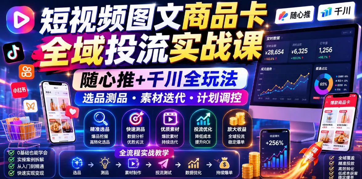 短视频图文商品卡全域投流实战课，随心推+千川全玩法，选品测品・素材迭代・计划调控，提升ROI爆单增收教程-179创客网